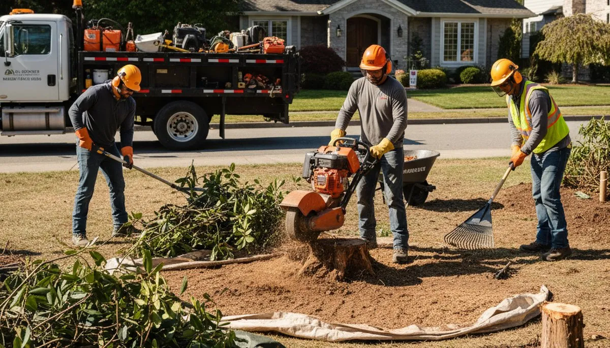 Albany, GA tree service team removing overgrown shrubs on a residential property